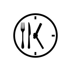 Hora de comer. Logotipo con tenedor y cuchillo en reloj en color negro