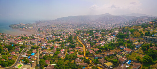 Aerial view of Freetown, Sierra Leone - looking towards city centre - obrazy, fototapety, plakaty
