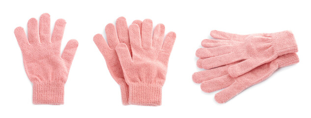 Set of pink woolen gloves on white background. Banner design - obrazy, fototapety, plakaty