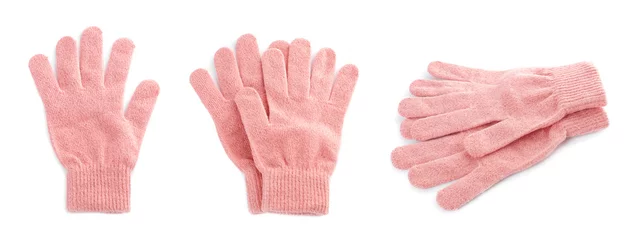 Poster Set of pink woolen gloves on white background. Banner design © New Africa