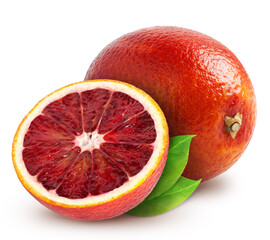 Whole orange fruit and half with leaves isolated on white background with clipping path