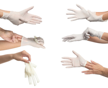 Right way to take off medical gloves. Collage with photos of woman showing process on white background, closeup