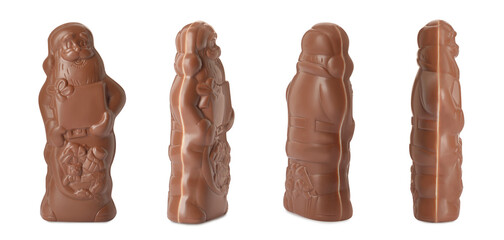Chocolate Santa Claus on white background, views from different sides. Banner design