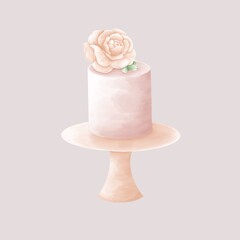 A_cake_on_a_stand_decorated_with_a_peach-colored_rose