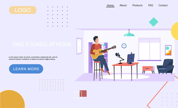 Website sing songs at home concept. Man singing song into microphone and records audio. Homepage with string instrument lesson. Musician playing guitar at workplace in office. Landing page template