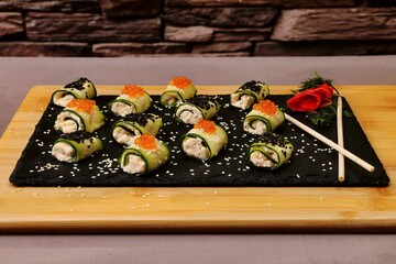 Cucumber rolls, vegetarian food, delicious and healthy breakfast