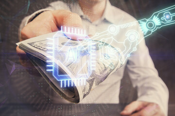 Double exposure of technology drawing hologram and us dollars bills and man hands. Data concept