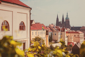 PRAGUE, CZECH REPUBLIC - July 24, 2013: Swedish flag on the town, Prague district. St. Vitus...