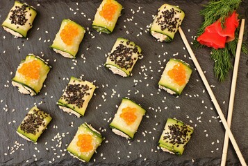 Cucumber rolls, vegetarian food, delicious and healthy breakfast