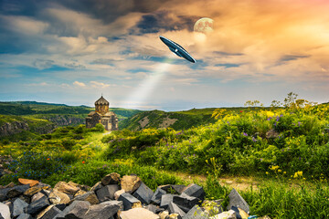 UFO flies  off the tower, 3D illustration © runny1975
