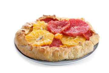 Delicious galette with citrus fruits isolated on white