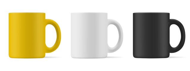 Vector realistic mockup (template, layout) of a matte mug for drinks front view. White, black, yellow blank isolated cup. EPS 10