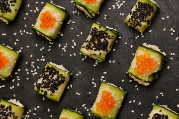 Cucumber rolls, vegetarian food, delicious and healthy breakfast