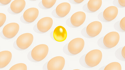 Background with pastel colored easter eggs of natural color With one golden in the middle. Holiday season concept backdrop.
