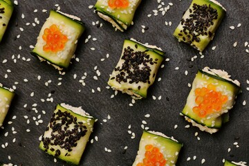 Cucumber rolls, vegetarian food, delicious and healthy breakfast