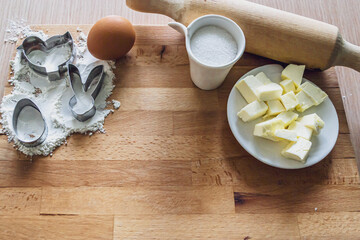 Ingredients and more for the baking process at home. Making Easter cookies step-by-step Instruction step 1