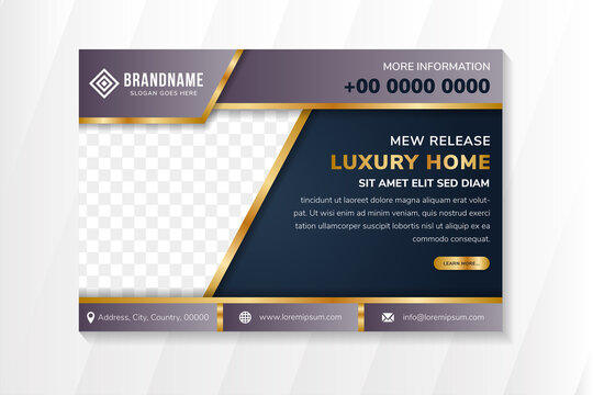 New release luxury home flyer design template use horizontal layout. dark blue background with gold line as border and purple on elements. Space of photo collage.