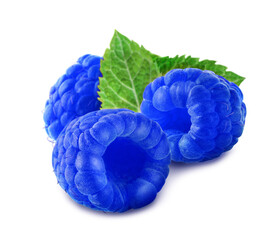 Fresh blue raspberries with green leaves on white background
