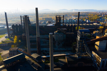 Fototapeta na wymiar Aerial view of big industrial zone of closed metallurgical factory complex in Ostrava