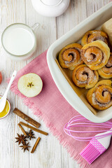 Cinnabon rolls at the baking tray.