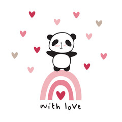 Greeting card with hand drawn little cute panda, rainbow and pink hearts for Valentine's Day, birthday, Mother's Day, wedding. Vector illustration.