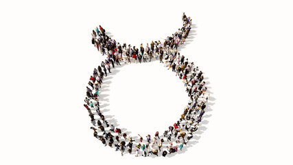 Concept or conceptual large gathering of people forming an taurus zodiac sign on white background. A 3d illustration symbol for  esoteric, the mystic, the power of prediction of astrology