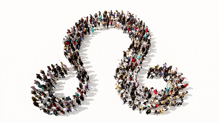 Concept or conceptual large gathering  of people forming an leo zodiac sign on white background. A 3d illustration symbol for  esoteric, the mystic, the power of prediction of astrology