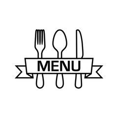 Logotipo con palabra Menu escrito en listón sobre cubiertos con lineas en color negro