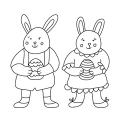 Cute smiling little rabbits or bunnies with Easter eggs. Hand drawn vector illustration isolated on white. Doodle style. Black outline. Single pictures for your  Easter design, coloring books, posters