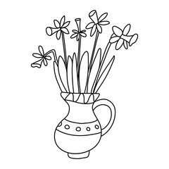 Nice narcissus flowers are in a jug decorated with patterns. Vector hand drawn illustration isolated on white. Black outline. Doodle style. Great for spring and Easter design, coloring books.