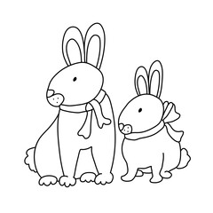 Cute hares  or rabbits in doodle style. Isolated outline. Hand drawn vector illustration in black ink on white background. Single pictures for your  Easter design, coloring books..