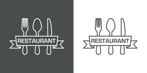 Logotipo con palabra Restaurant escrito en listón sobre cubiertos con lineas en fondo gris y fondo blanco © teracreonte