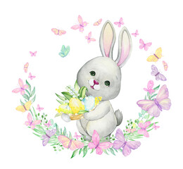Rabbit, Easter eggs, eggs, flowers, butterflies, plants. Watercolor concept, in cartoon style, on an isolated background, for invitations, and postcards