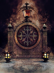 Dark scene with a fantasy decorative wall with lanterns and fire burners. 3D render.