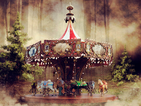 Colorful fantasy carousel with horses in a foggy forest with green trees. 3D render.