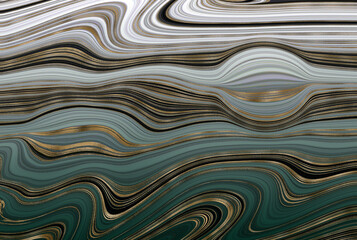 Liquid marble or fake agate texture with golden veins. Green, white, black striped marbling effect. - obrazy, fototapety, plakaty