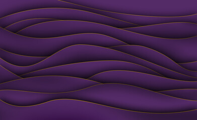 Dark purple waves with golden profile in paper cut style luxury background. Elegant backdrop with layers, golden lines and shadows.