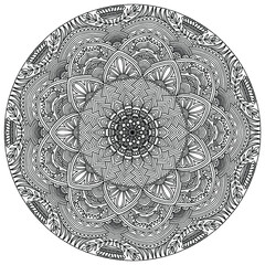 drawn mandala with ornaments and flowers in folk style on a white background for coloring, vector