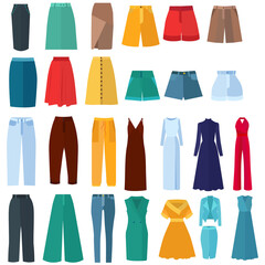 collection of women's clothing in a flat style, dress, trousers, shorts, skirt