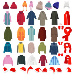 collection of outerwear, jackets, hats, scarves