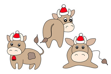 Bull in a winter hat. Vector animal illustrationfor kids. Template adorable character for your design. Colorful cartoon cute cow. New Year and Christmas symbol 2021. Isolated icon.