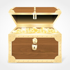Wooden chest with gold fittings and glowing golden coins inside