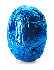 Chocolate egg wrapped in bright blue foil isolated on white