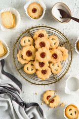 Homemade traditional cookies on delcate grey background.