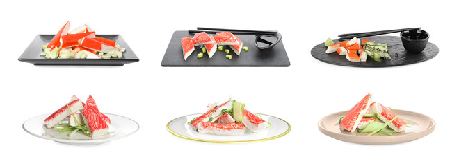 Set of delicious crab sticks on white background, banner design