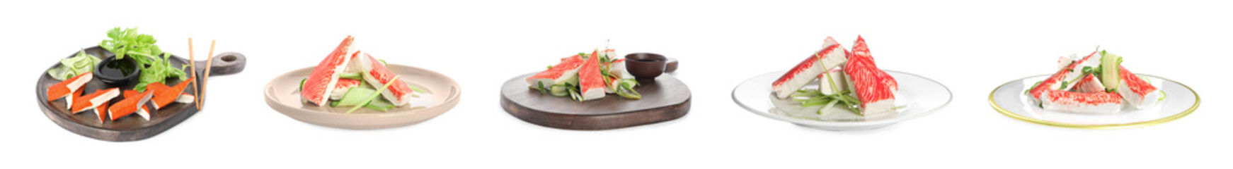 Set of delicious crab sticks on white background, banner design © New Africa