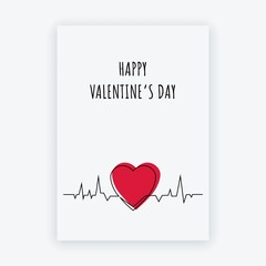 Minimalist gift card for Valentine Day with one line drawing of heart. Cute romantic card with red and linear hearts. Vector illustration