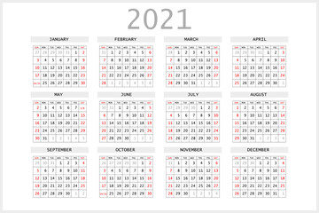 2021 calendar planner. Corporate week. Template layout, 12 months yearly, white background. Simple design for business brochure, flyer, print media, advertisement. Week starts from Sunday.