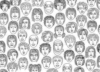 Contour faces of people of different genders, different nationalities and ages on a white background.