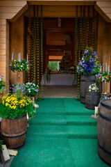Fototapeta na wymiar Flowers restaurant decoration for weddind table of newlyweds celebration